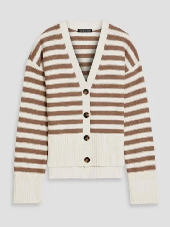 Veronica Beard Sweaters - Veronica Beard Saylor Cardigan XL Cream/Tan Stripes Cotton Causal